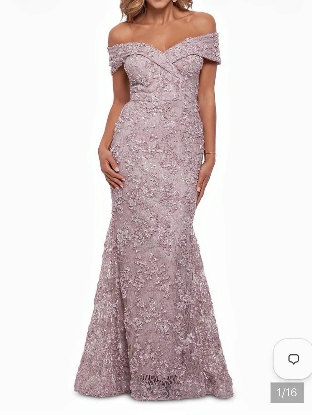 Xscape Jill Off The Shoulder Lace Gown in Pink